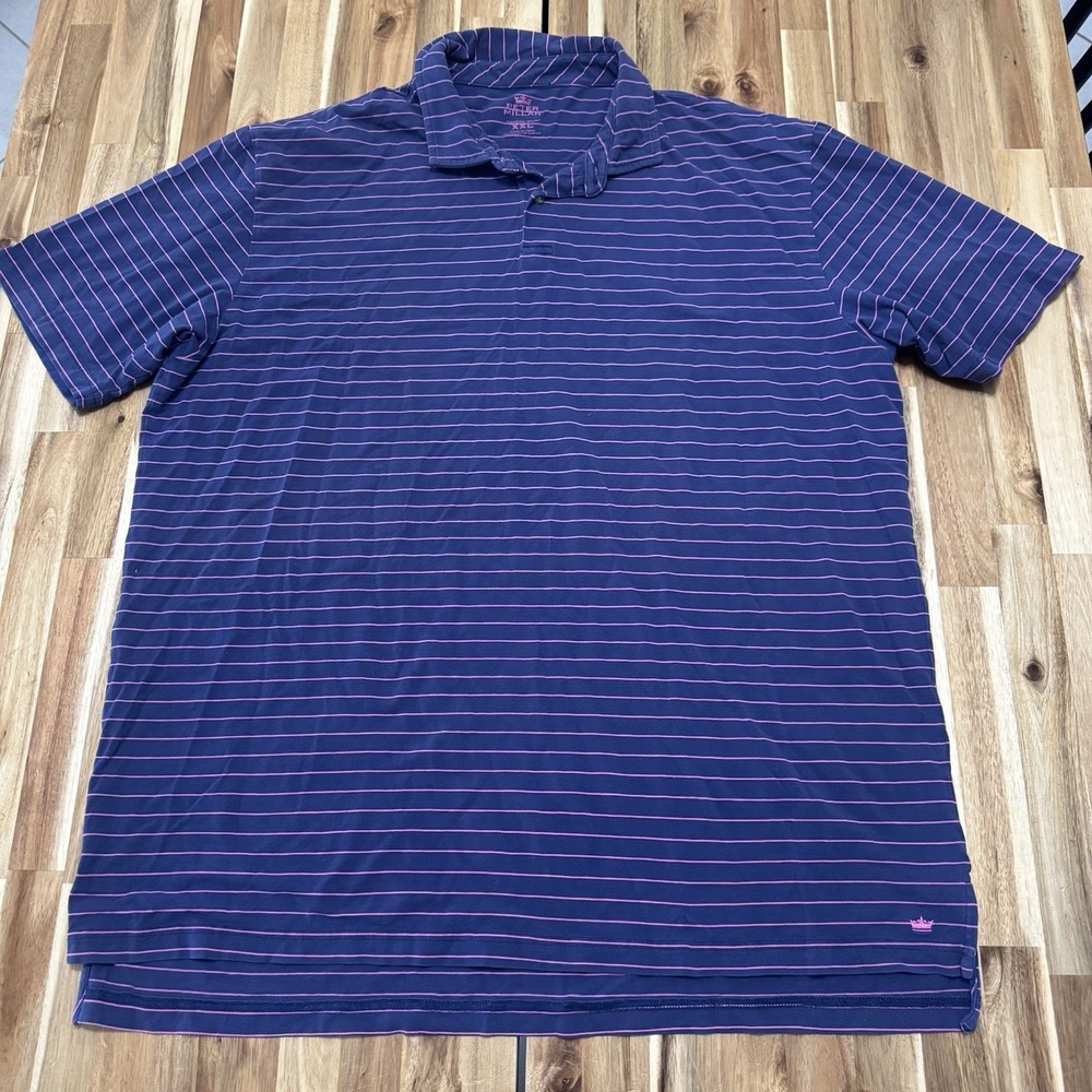 Peter Millar Polo Shirt Mens 2XL Navy Blue Pink Striped Seaside Wash Preppy Golf